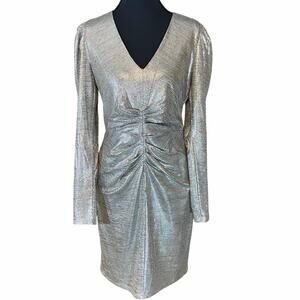 AQUA Metallic Silver Ruched Long Sleeve Bodycon Party Dress Small mirrorball